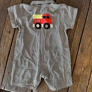 CachCach Gingham Checkered Baby Boy Romper with Red Fire Truck Size 24 Month